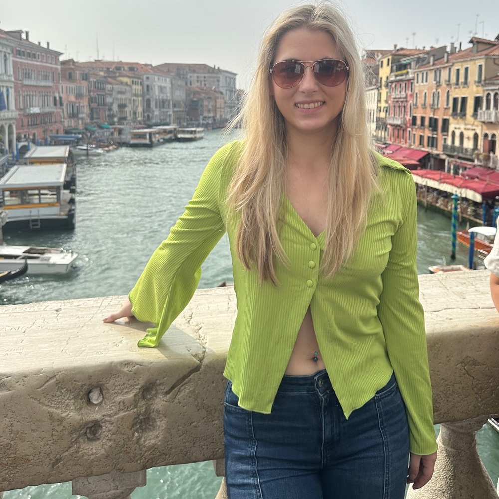 Lime Green Button-Up Blouse with Flared Sleeves